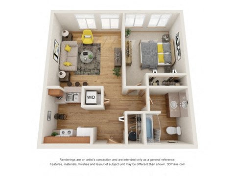 Floor plan for 1 bed, 1 bath, 642 sqft